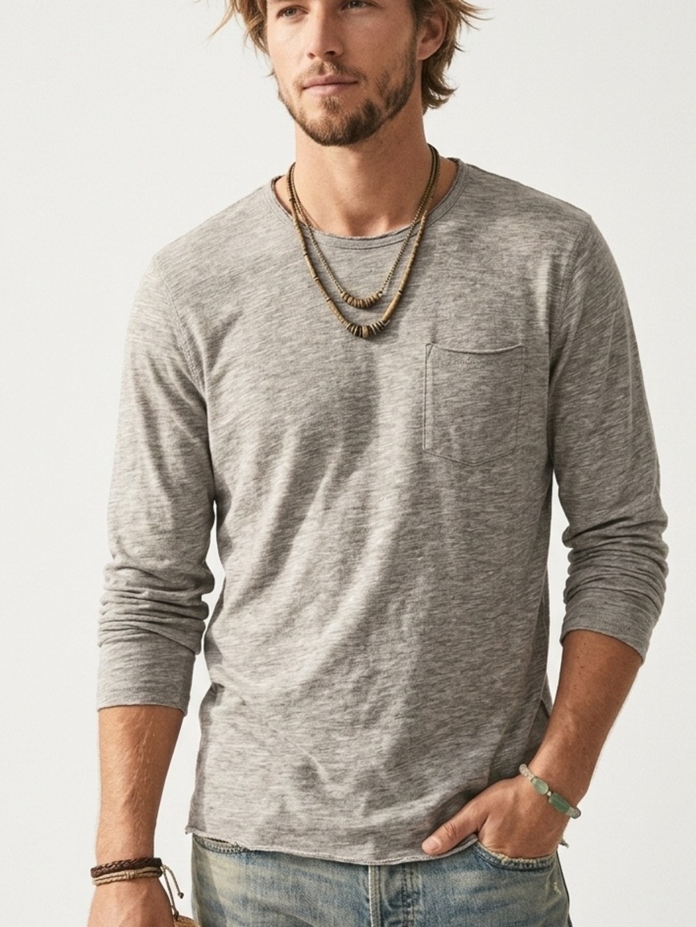 Hollister Men M Heather Grey Slub Knit Long Sleeve Pocket Tee Crewneck Everyday